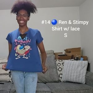 M Blue Ren & Stimpy laced shirt